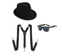 UILYNIU 3 Pieces Adults 1920S Gangster Costume, Men Costume Accessories Gangster Black Pinstripe Hat Braces Sunglasses, Mafia Gatsby Costume for 1920's Dress Up Panama Hats Party Fancy Dress (Black)