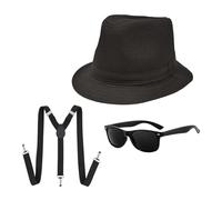 UILYNIU 3 Pieces Adults 1920S Gangster Costume Set, Men Costume Accessories 58CM Black Fedora Gangster Hat Braces Sunglasses, Mafia Gatsby Costume for 1920's Dress Up Film Party Fancy Dress (Black)