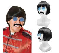 UILYNIU 3 Pieces Black Bob Wig 60s Rock Sergeant Set Black Short Wig Coloured Round Glasses Moustache Fancy Dress Accessory Kit 60s Pop Sergeant Halloween Party Dress Up Wigs.
