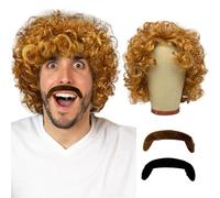UILYNIU 3 Pieces Blonde Curly Wig with Moustache Wig for Men Hair Accessory Fancy Dress, Mens Afro Curly Wig, 70s 80s Hippy Rock Wigs for Costume Party