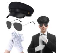 UILYNIU 3 Pieces Chauffeur Costume Accessories, Novelty Driver Costume Black Hat Sunglasses White Gloves, Chauffeur Club Fancy Dress 1980s Mafia Gangster Biker Costume for Cosplay Theme Party (3PCS)