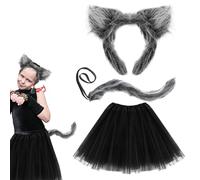 UILYNIU 3Pcs Grey Wolf Costume Accessory Set Wolf Ears and Tail Tutu Skirt, Wolf Ears Headband, Wolf Tail, Wolf Costume Kids Wolf Fancy Dress Animal Costume for Halloween Party Cosplay (3Pcs)