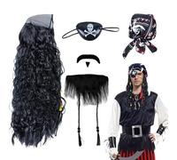 UILYNIU 4 Pcs Black Pirate Costume Set Captain Adult Pirate Wig Hat Beard Skull Eye Patch for Halloween Carnival Cosplay Party (4 Pcs)