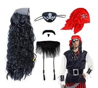 UILYNIU 4 Piece Pirate Costume Set Adults Children Captain Pirate Wig Pirate Hat Moustache Eye Patch Pirate Costume Men Women Pirate Capers for Halloween Carnival Cosplay (4 Pieces)