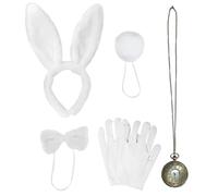 UILYNIU 5 Pcs White Child Adults Bunny Costume Accessories Set Bunny Ears Bow Tie White Gloves Bunny Tail Clock Bunny Fancy Dress Costume Accessories for Easter World Book Day Halloween Party (White)