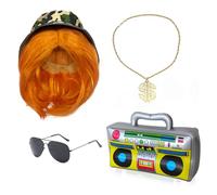 UILYNIU 5 Pieces 80s 90s Hip Hop Costume Accessory Ginger Wig Fancy Dress Bucket Hat Inflatable Boom Box Necklace Sunglasses Rapper Rock Wig Hippie Costume Accessories for Carnival Party (5 Pcs)
