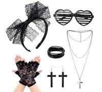 UILYNIU 6 Pcs 80s Fancy Dress for Women Lace Headband Black Earrings Lace Gloves 80s Retro Party Necklace Bracelet Heart Glasses 80s Accessories 80s Fancy Dress Costume Accessories for Party (Black)