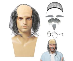 UILYNIU 7 Pcs Grandpa Semi Bald Wig Set Grandpa Wig Mustache Fake Beard Eyebrows Glasses Wig Cap Grandpa Costume Wig Men's Wig Old Man Wig Scientist Wig Funny Wigs Men's Dress up Accessories (7 Pcs)