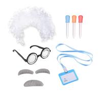 UILYNIU 7 Pieces Mad Scientist Costume Include Lab Wigs Nerd Glasses Mustaches Eyebrows Liquid Dropper Work Card, Frizzy White Scientist Lunatic Wigs Old Man Costume Fancy Dress for Adults Kids(7PCS)