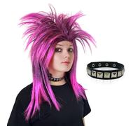 UILYNIU 80s Pink Rock Diva Choker Long Mullet Wig, Adult Punk Disco Costume, Fancy Dress Party Carnival Halloween Cosplay