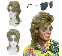 UILYNIU Blonde Mullet Mens 80s Wig Mens Wig for Adult Men's Rocker Wig Hippie Pop Rock Wigs for Men Long Wig Curly 70s Costumes Halloween Costumes Carnival Fashion Wig Fancy Them Party Wig (Blonde)
