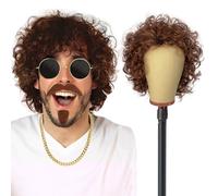 UILYNIU Brown Curly Wig Men with Moustache Sunglasses and Necklaces, Men’s Afro Curly Hair 60s 70s 80s Fancy Dress Hippy Wigs for Men Costume Party (4PCS)