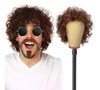 UILYNIU Brown Curly Wig With Moustache and Sunglasses for Men - 60s 70s 80s Fancy Dress Afro Hair, Pop Hippy Rock Costume Party