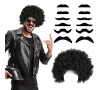 UILYNIU Funky Afro Wig Men With Mustaches Black Curly Hippie Rock Disco Wig, Hippie Costume Set, Hippy Fancy Dress Costume Accessories 50s 60s 70s Party (Black)