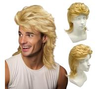 UILYNIU Light Blonde Mullet Men's 80s Rocker Wig for Adults - Long Curly Wig for 70s Costumes, Carnival & Halloween