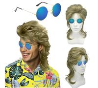UILYNIU Light Blonde Mullet Mens Wig Men's Mullet Wig and Sunglasses, 70s 80s Fancy Dress Wigs For Men, Pop Rock Men Long Curly Wig Costumes Carnival Halloween Costume Party (Light Blonde)