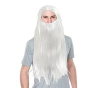 UILYNIU White Wizard Adult Wig and Beard Set - Long Curly Fluffy Wig and Moustache for Cosplay, Parties, Halloween, Grandpa Costume Set