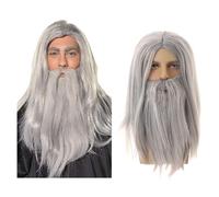 UILYNIU Wizard Wig and Long Beard, Men's Long Straight Grey Wig Cosplay Wizard Sorcerer Prophet Wig for Carnival Halloween Christmas Costume, Old Men Cosplay Adult Fancy Dress Party (Grey)
