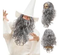 UILYNIU Wizard Wig & Long Beard, Men's Long Curly Grey Wig for Carnival Halloween Christmas Costume, Old & Prophet wig
