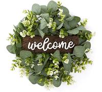 Uinfhyknd Welcome Sign with Hanging Wooden Garland Door Decoration with Artificial Eucalyptus Farm Porch Decoration
