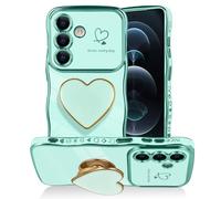 Uioeua for Samsung Galaxy S25 Love-Heart Holder Case Cute Green Luxury Wave Frame Curly Shape with Love Heart Kickstand Case Plating Soft Shockproof Bumper TPU Protective Cover for Women Girls