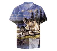 UIOKLMJH Men Anime Wolf Pattern Casual Hawaiian Shirt Tops