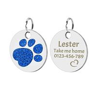 Uiopa 2 Pack Personalised Dog Tags for Pets, Pet Tags Engraved Dog Cats, Glitter Round Shape Collar Tag for Cats and Dogs (Blue)