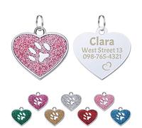 Uiopa 2 Pack Pet Tags Engraved Dog Cats, Personalised Dog Tag and Cat Tag, Glitter Heart Shape Collar Tags for Cats and Dogs, Up to 3 Lines of Custom Text (Pink)