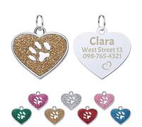 Uiopa 2 Pack Pet Tags Engraved Dog Cats, Personalised Dog Tag and Cat Tag, Glitter Heart Shape Collar Tags for Cats and Dogs, Up to 3 Lines of Custom Text (Gold)