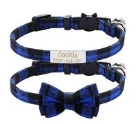 Uiopa 2pcs Cat Collar + 2pcs Engraved Dog Tag, Personalised Cat Collars Quick Release with Bells and Bow Tie, Soft Tartan Kitten Collar with Safety Release for Kitten Puppy Small Dog (Blue and Black)