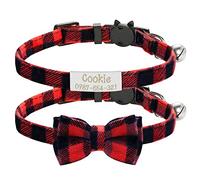Uiopa 2pcs Cat Collar + 2pcs Engraved Dog Tag, Personalised Cat Collars Quick Release with Bells and Bow Tie, Soft Tartan Kitten Collar with Safety Release for Kitten Puppy Small Dog (Red and Black)