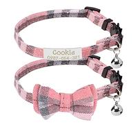 Uiopa 2pcs Cat Collar + 2pcs Engraved Dog Tag, Personalised Cat Collars Quick Release with Bells and Bow Tie, Soft Tartan Kitten Collar with Safety Release for Kitten Puppy Small Dog (Pink and Gray)