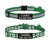 Uiopa 2pcs Cat Collars Quick Release + 2pcs Dog Tags for Pets Engraved, Cat Collar with Bell and Dog Name Tag, Personalised Reflective Kitten/Puppy Collars for Whelping Dog, Cat (Dark Green)