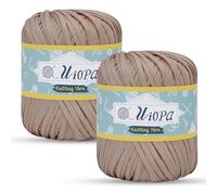 Uiopa Cotton Raffia Yarn for Crochet, 2 x 85g(2 x 102m) Cotton Raffia Ribbon Flat Crochet Yarn, Thick Hand Knitting Yarn for Crocheting Hats Bags Craft Projects (Light Brown)