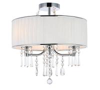 UIOPPOI Modern Crystal Chandelier, Small 3-Light Drum Pendant Ceiling Light Fixture, Semi Flush Mount Ceiling Lamp with Round White Fabric Shade, Ideal for Bedroom/Dining Room/Living Room/Hotel Decor