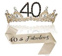 Uiorgui 40th Birthday Crown and Sash for Women, 40 Tiara Headband, Black Gold 40th Birthday Decorations Gifts Favors for Female Friends Sister Daughter Wife Mom