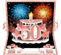 Uiorgui 50th Birthday Cards Pop Up 3D Cake Happy 50th Birthday Card Blowable Candle & Fireworks & Lights & Musical Greeting Card Gifts for 50 Year Old Women Wife Mom Sisters Friends, Black Rose Gold