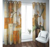 UIRINGART Abstract Yellow Background Blackout Curtains for Bedroom Living Room White Orchid Pattern Room Darkening Window Drapes 2 Panels B132xH138cm