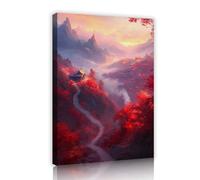 UIRINGART Asian Mountain Path Autumn Canvas Wall Art Pictures Artwork Prints Mural Painting Sunset Red Leaf Landscape Posters for Living Room Decor 60x90cm