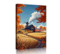 UIRINGART Autumn Countryside Railway Canvas Wall Art Windmill Landscape Prints Fall Season Pictures Artwork Mural Painting Posters for Bedroom Decor 65x100cm