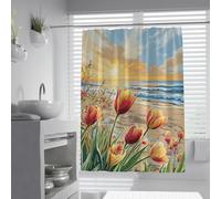 UIRINGART Boho Tropical Shower Curtains W160xL200cm Red Yellow Tulip Bloom Ocean Wave Sand Beach Horizon Art Quick Drying Polyester Fabric Bathroom Wet Room Tub