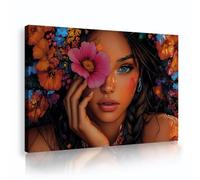 UIRINGART Exotic Colorful Floral Canvas Wall Art Boho Style Pictures Artwork Prints Beautiful Woman Portrait Poster Painting for Bedroom Decor 65x100cm Innerframe