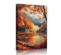 UIRINGART Rustic Autumn Cabin Canvas Wall Art Nature Landscape Pictures Artwork Prints Fall Scenery Posters Painting Warm Mural for Bathroom Decor 65x100cm
