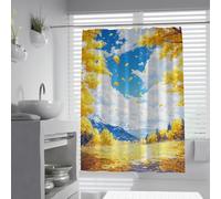 UIRINGART Scenic Shower Curtains W160xL200cm Fall Mountain Meadow Yellow Leaves Blue Sky Cloud Pattern Waterproof Easy to care Bathroom Bathtub Curtain with Hooks