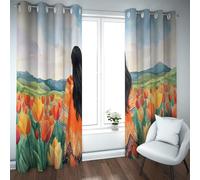 UIRINGART Watercolor Blackout Curtains Orange Tulips View Girl Back Pattern Insulated Window Treatment Room Darkening Window Drapes for Bedroom 2 Panels B140xH280cm