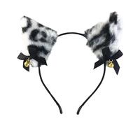 [Uitndvyte] Comfortable furry cat ear headband with leopard print and jingle bells, perfect Halloween accessory for carnival role play