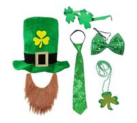 Uitndvyte Patrick ' s Day Complete Irish Clovers Costume Set Green Hat Shamrock Beard Sequined Tie Necklace and Glasses Celebration Costume