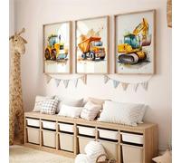 Uixxducc Set of 3 Pictures, Posters, Children's Room, Construction Vehicles, Construction Machines, Excavator Picture Set, Boys, Girls Wall Pictures, Decoration, Baby Room, Children's Pictures