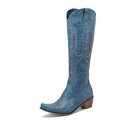 UJEDFHV Women's Knee-High Cowboy Boots Embroider Women Knee Hight Boots Heels Retro Knight Female Western Cowboy For Womens(Blue,7.5)