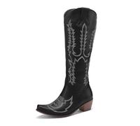 UJEDFHV Women's Knee-High Cowboy Boots Embroider Women Knee Hight Boots Heels Retro Knight Female Western Cowboy For Womens(Black,10.5)